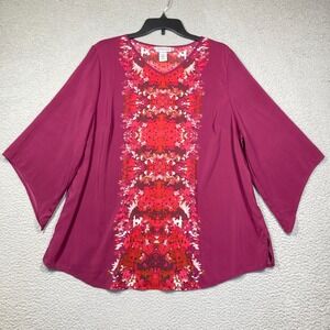 Maggie Barnes for Catherines Top Women's Plus 0X Burgundy V Neck Flowy Relaxed
